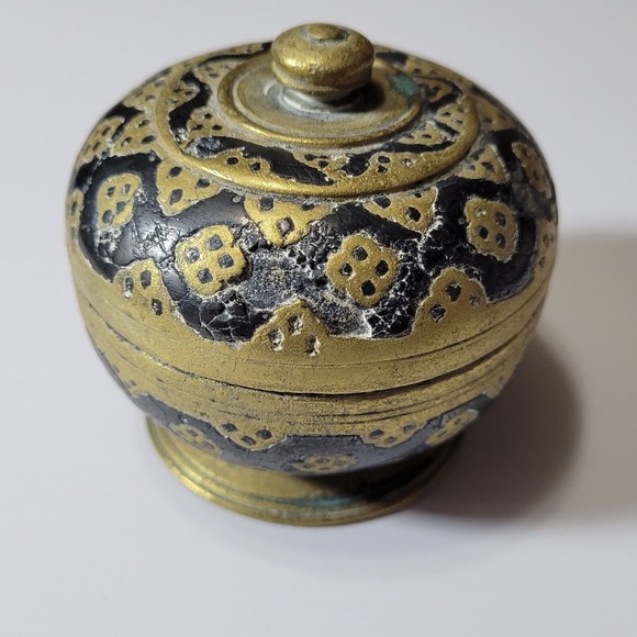 Vintage Chinese Brass Trinket Dish Enamel on Brass Geometric Design Heavy - Picture 2 of 7